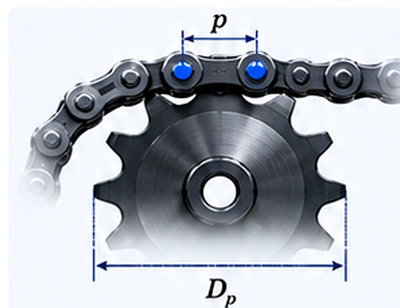 Chain seated around a sprocket, shown as an illustration of the pitch-circle concept.