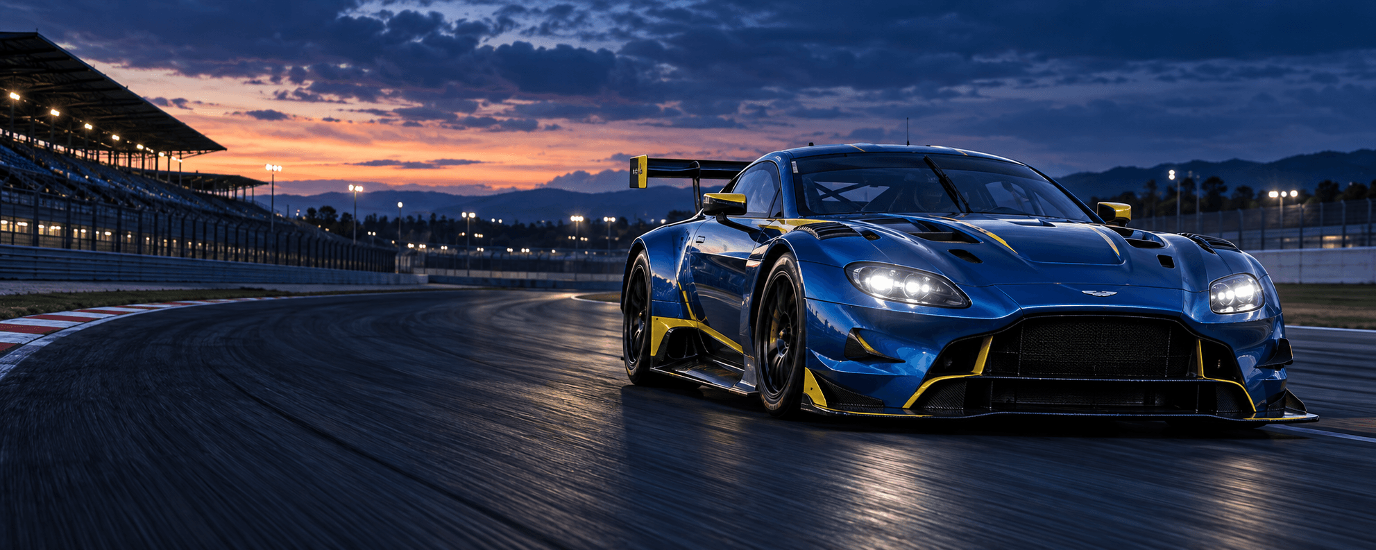 Blue sports car on a racing circuit